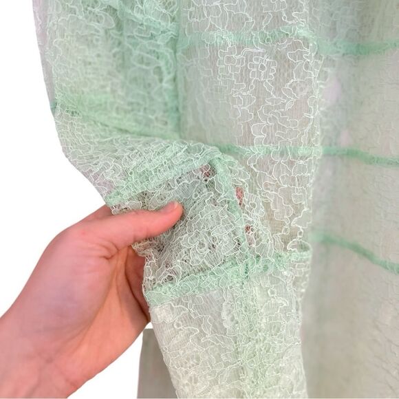 Sandro Mint Green Izzie Sheer Lace Long Sleeve Tie-Neck Blouse, Size 1 Small - Picture 10 of 15